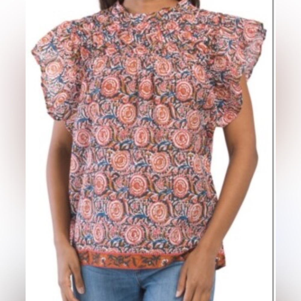 Jennifer And Grace Women's Lattice Yoke Printed Blouse Top Size L - Picture 2 of 7